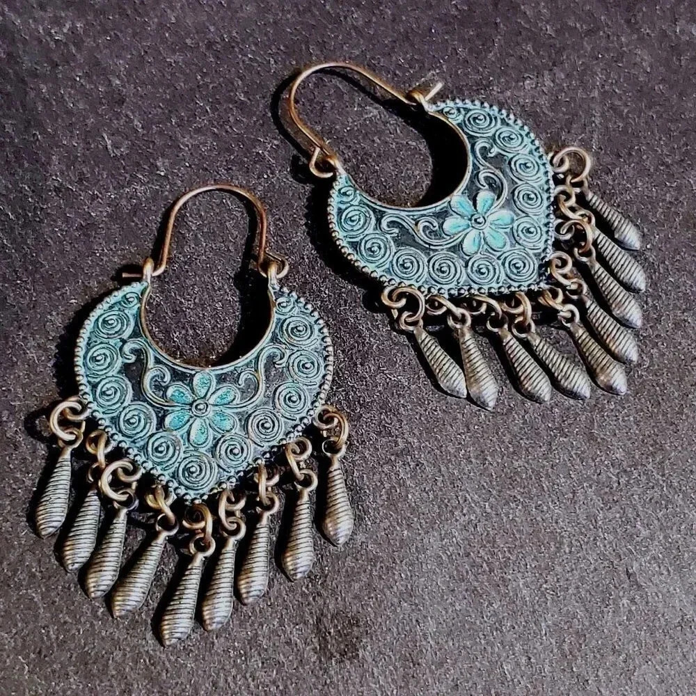 Antique Copper Verdigris Blue Green Patina Moroccan Ornate Dangles Earrings